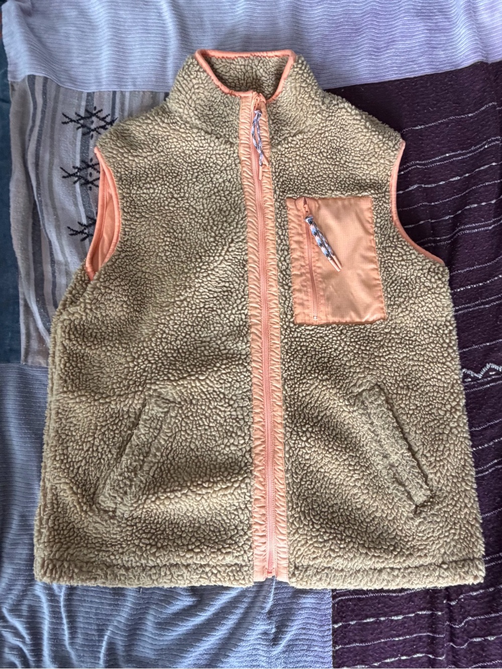 Cozy Sherpa Vest in Beige with Peach Trim